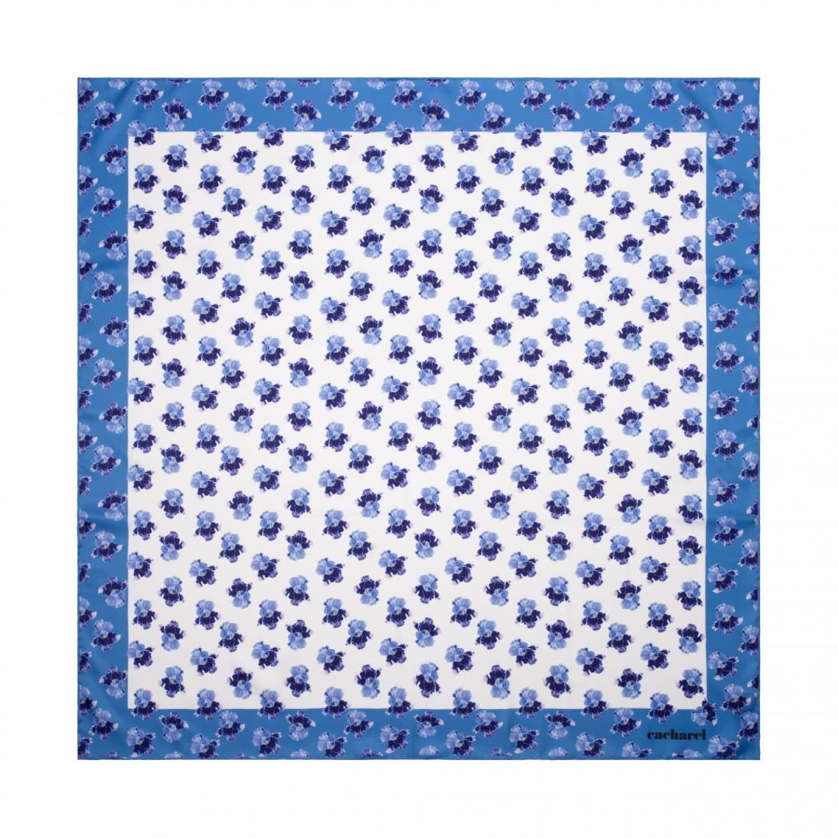 Blue floral-patterned square scarf with a blue border and white center.