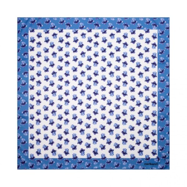 Blue scarf with a pattern of small blue flowers and a blue floral border.
