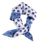 Blue and white floral patterned scarf tied in a loose knot on a white background.