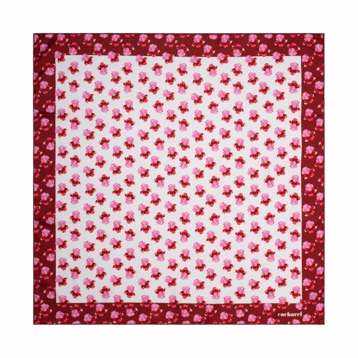 Square scarf with small pink and red floral pattern, dark red border, and cacharel logo.