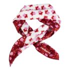 Red and white floral silk scarf with CAFUNÉ text on one end, tied in a loose knot.