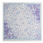 White square scarf with scattered blue, pink, and purple abstract dots and a light blue border.