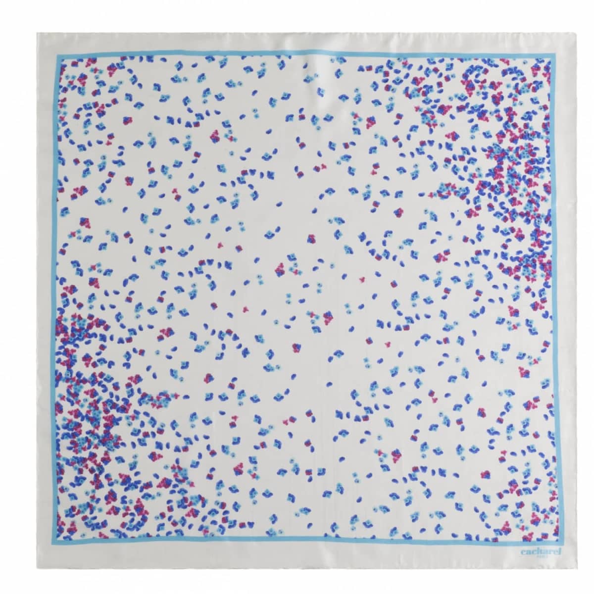 White square scarf with scattered blue, pink, and purple abstract dots and a light blue border.