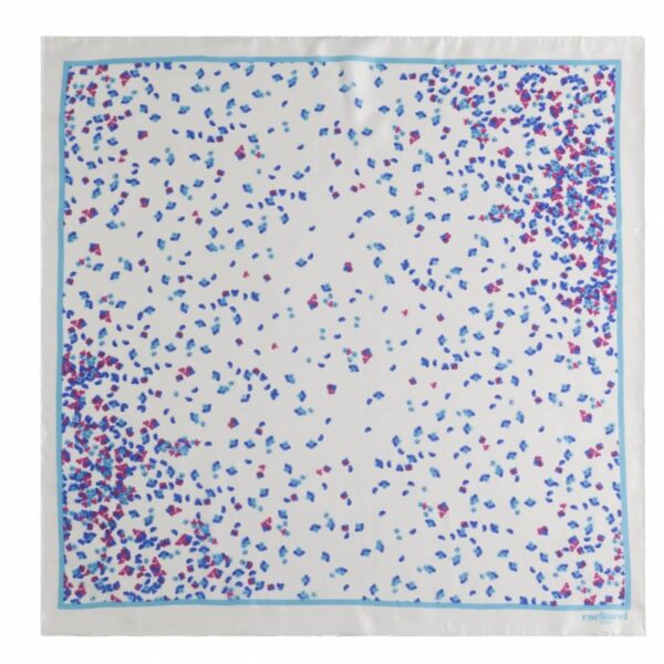 White square scarf with scattered blue, purple, and pink confetti-like dots.