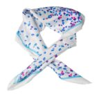 White silk scarf with blue and pink abstract spots and a light blue border, loosely folded.