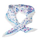 White silk scarf with blue and pink abstract spots and a light blue border, loosely folded.
