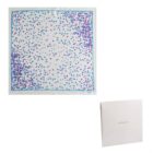 White silk scarf with blue and pink confetti dots, shown next to a white gift box.