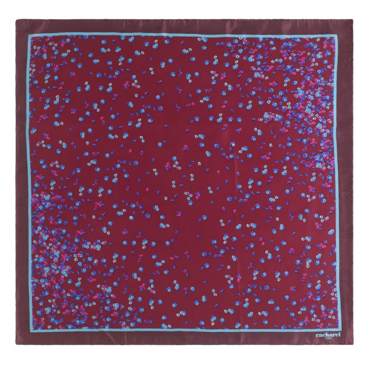 Square maroon scarf with scattered blue and purple floral patterns, bordered in blue.