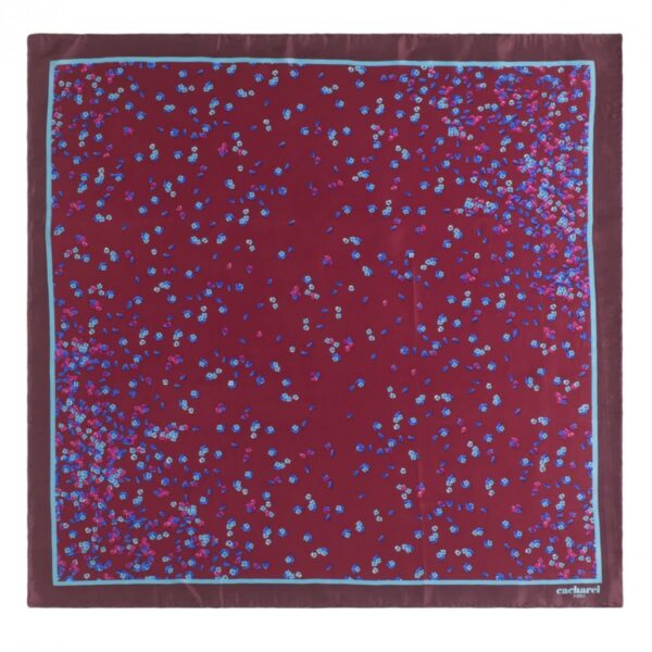 Square maroon scarf with scattered blue and purple floral pattern and a light blue border.