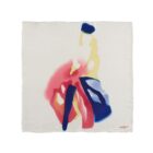 White silk scarf with abstract red, yellow, blue, and pink shapes in the center.