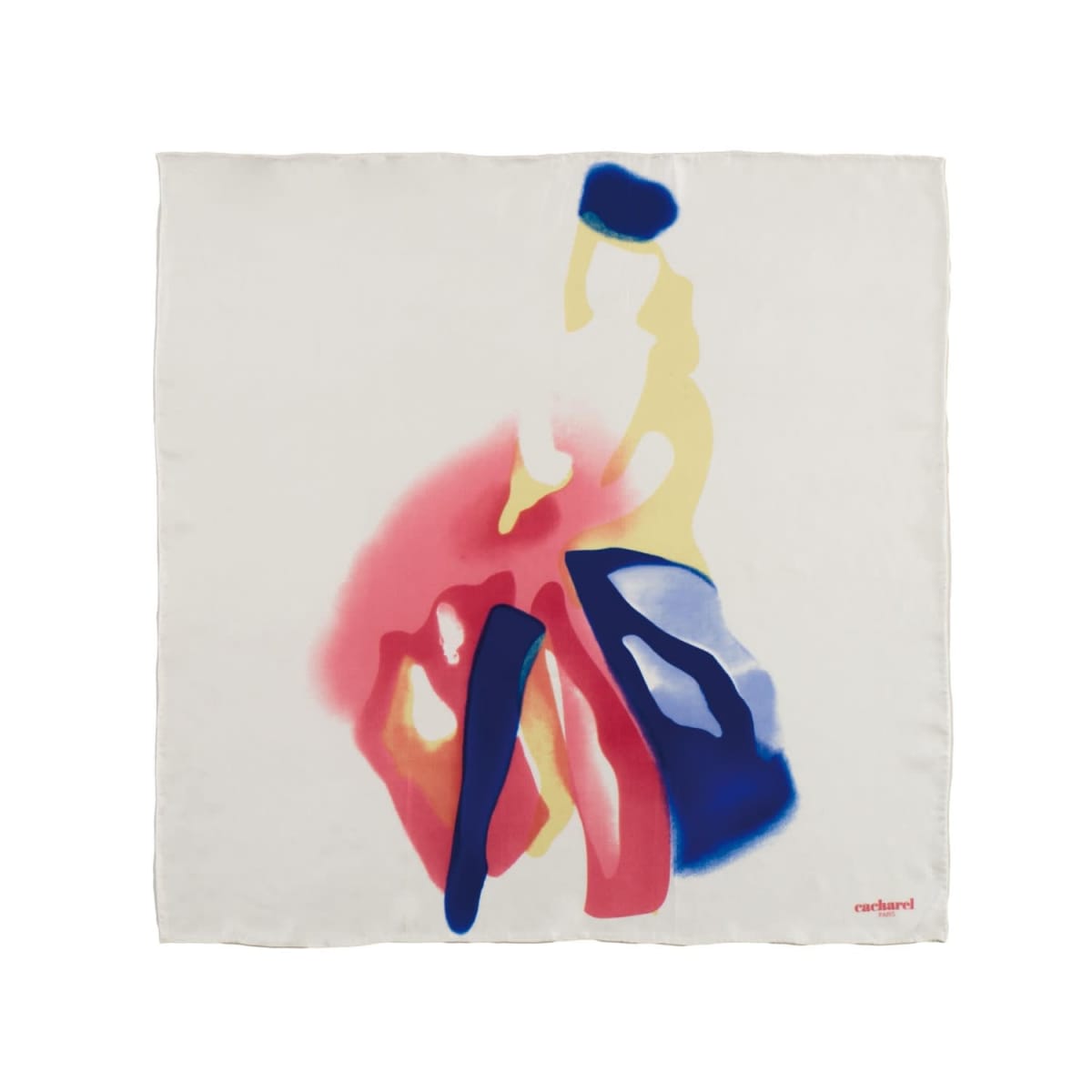 White silk scarf with abstract red, yellow, blue, and pink shapes in the center.