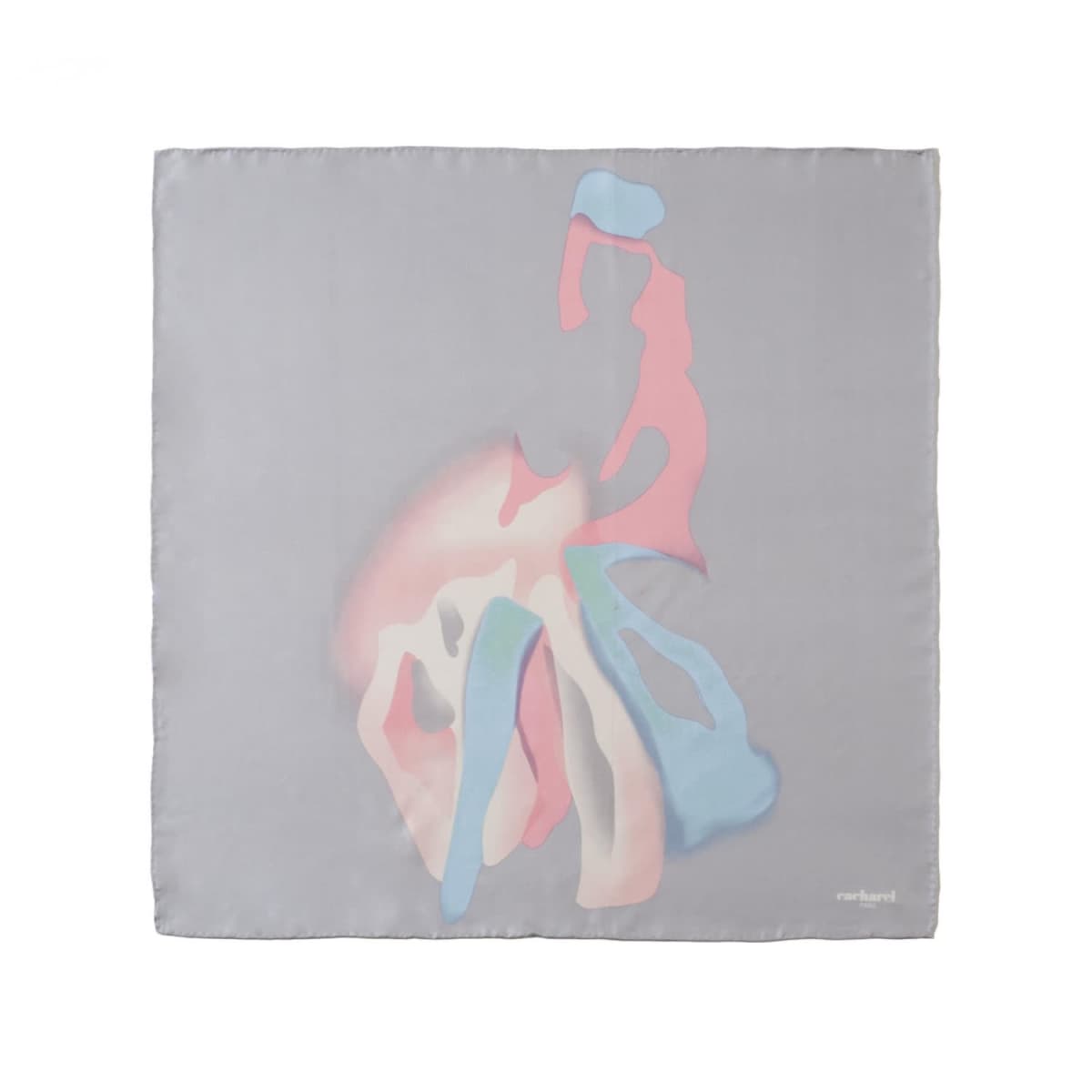 A gray silk scarf with abstract pastel shapes in pink, blue, and cream tones.