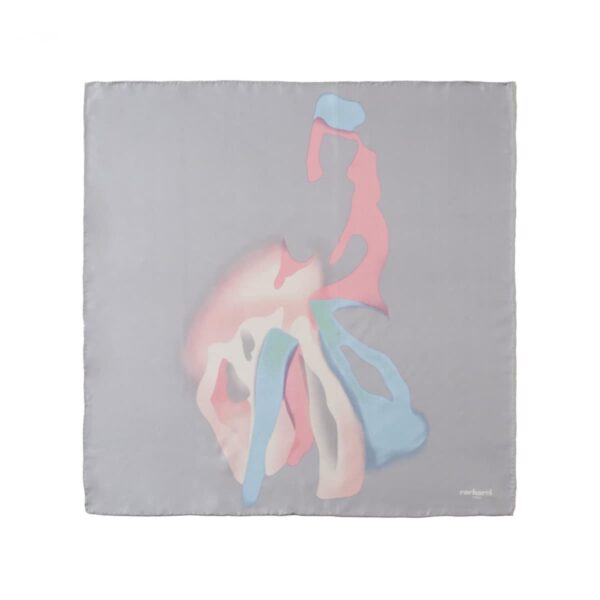 Square gray scarf with abstract pastel shapes in pink, blue, and ivory near the center.
