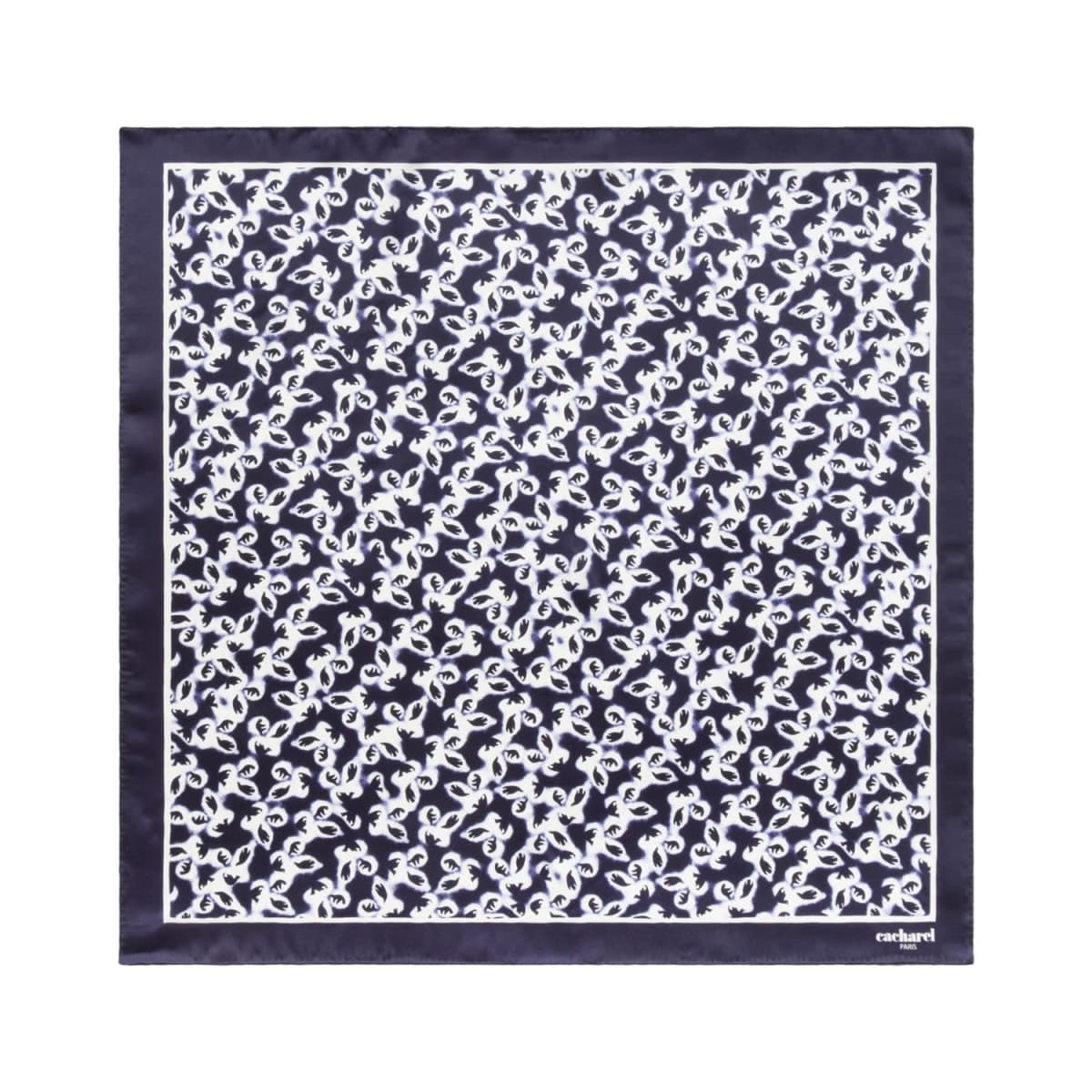 Square navy blue scarf with a white floral pattern and a solid navy border.