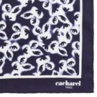Navy scarf with white abstract pattern and cacharel PARIS logo in the corner.