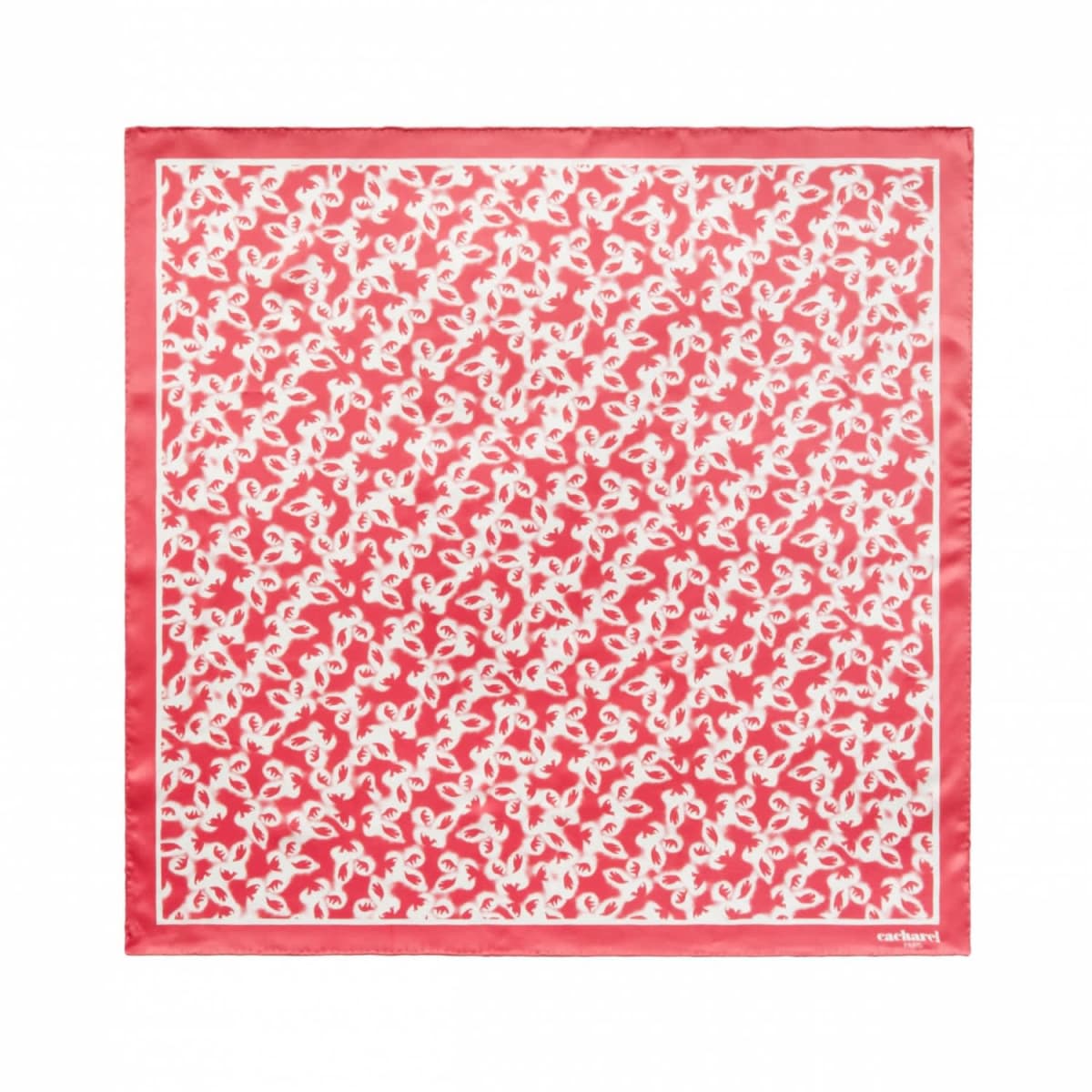 Red square scarf with a white abstract pattern and a solid border.