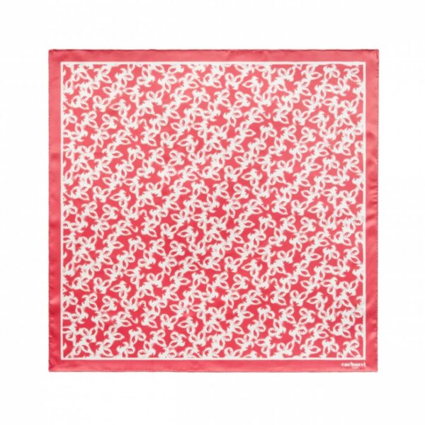 Red and white patterned silk scarf with a thin border and abstract design.