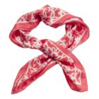 Pink and white patterned silk scarf arranged in a loose knot on a white background.