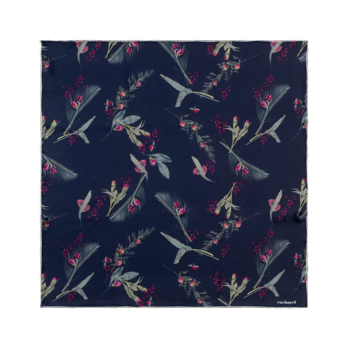 Navy blue scarf with bird and floral print in light gray, green, and pink colors.