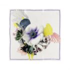 White scarf with a central floral design, abstract pastel brushstrokes, and a thin border.