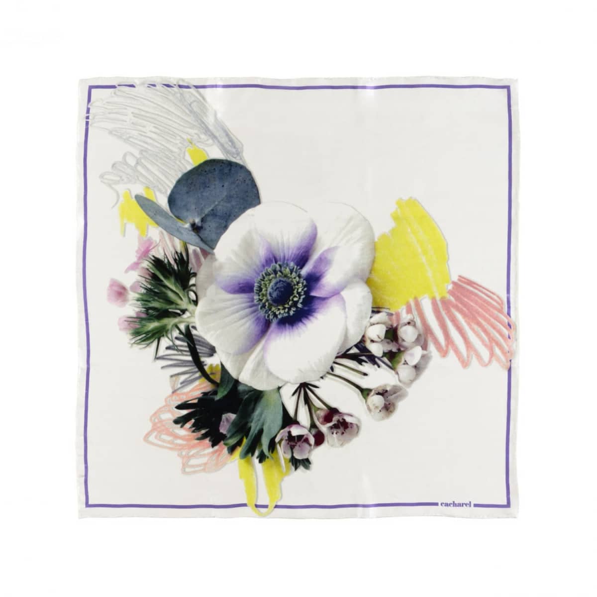 White scarf with a central floral design, abstract pastel brushstrokes, and a thin border.