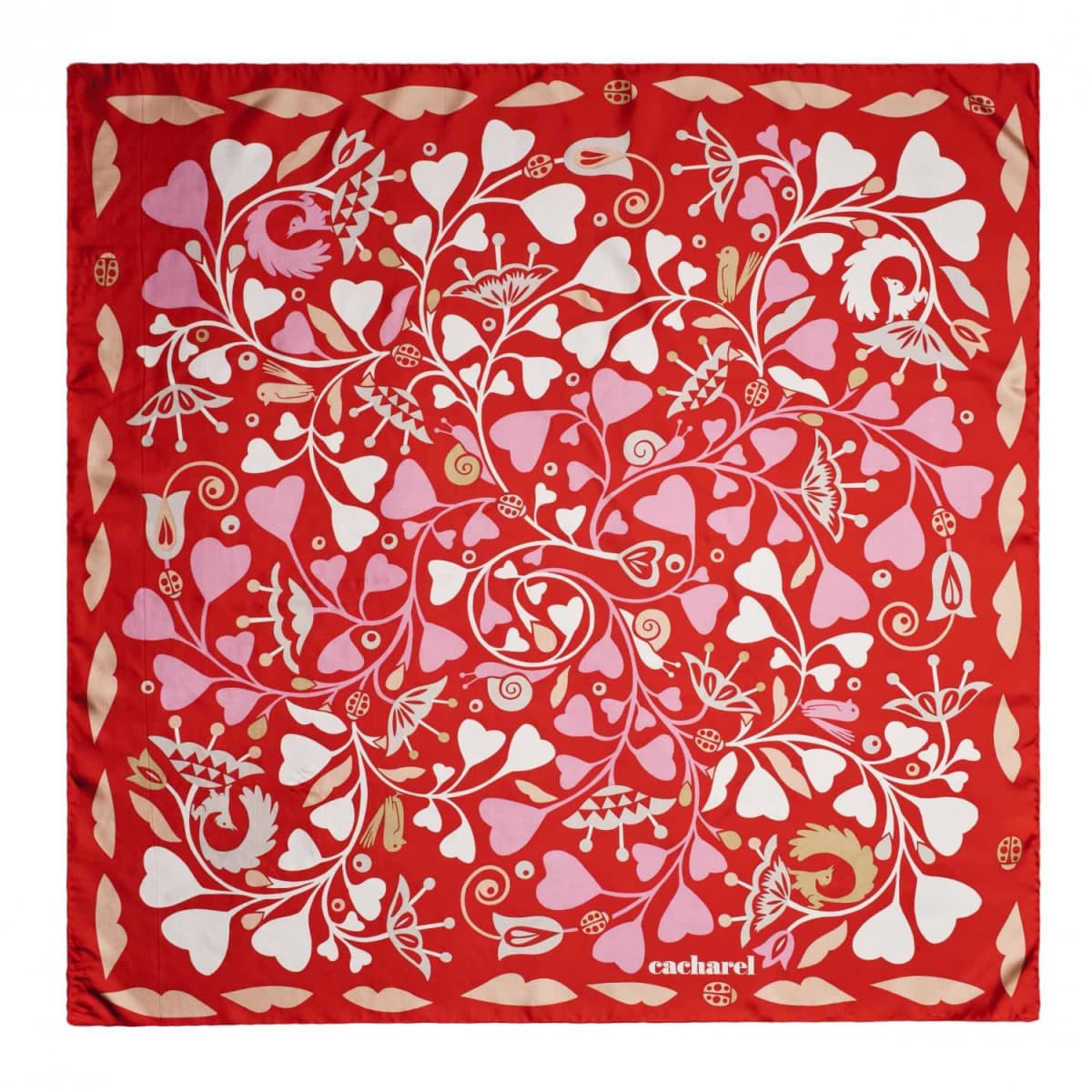 Red scarf with swirling pink, white, and beige heart and floral patterns, Cacharel logo at bottom.