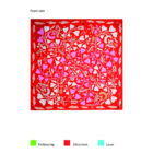 Red scarf with pink and white floral patterns; key shows embossing, silkscreen, and laser methods.