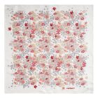 White square scarf with a red, beige, and gray floral and star pattern, cacharel in red.