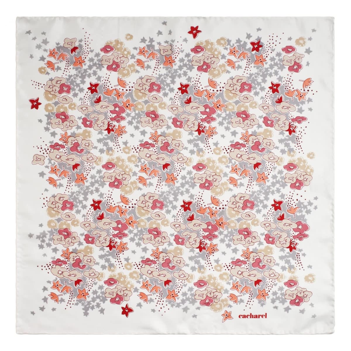 White square scarf with a red, beige, and gray floral and star pattern, cacharel in red.
