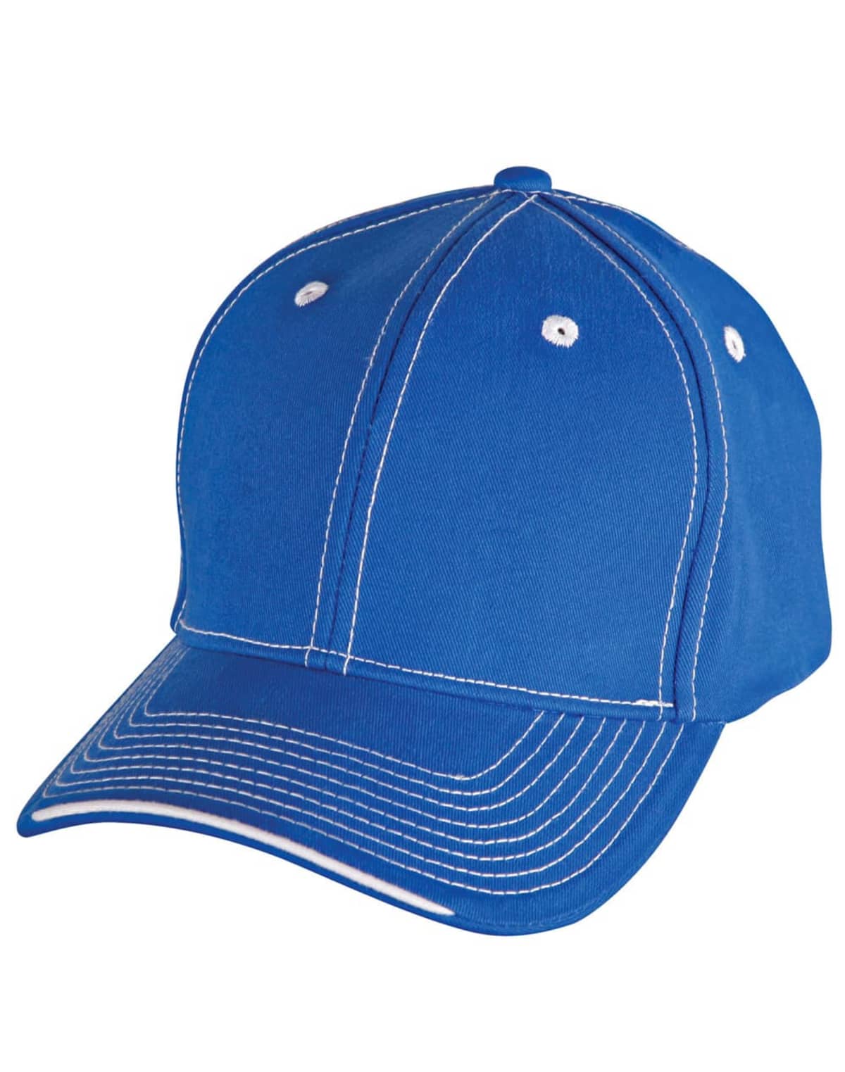 Blue baseball cap with white stitching and eyelets, shown on a white background.