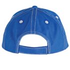 Blue baseball cap viewed from the back with white stitching and an adjustable strap.