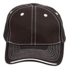 Black baseball cap with white stitching, viewed from the front against a white background.