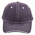 Black baseball cap with white stitching, viewed from the front.