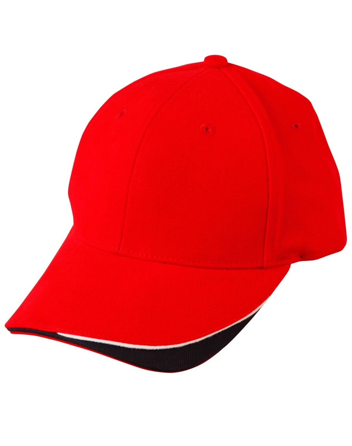Bright red baseball cap with a curved brim and a black and white accent on the edge.