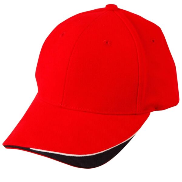 A bright red baseball cap with a black and white accent on the brim.