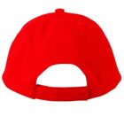 Back view of a bright red baseball cap with an adjustable strap.