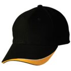 Black baseball cap with a curved brim featuring a yellow and white accent along the edge.