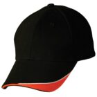 Black baseball cap with a curved brim, featuring a red and white accent on the edge.