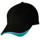 Black baseball cap with a blue and white trim along the edge of the curved brim.