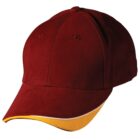 A maroon baseball cap with a yellow trim on the brim, shown on a white background.