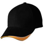 Black baseball cap with a curved brim and yellow accent under the visor.