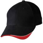 A black baseball cap with a red and white trim on the edge of the brim.