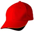 Red baseball cap with a yellow and black trim on the edge of the brim, on a white background.