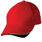 A plain red baseball cap with a curved brim and a black and white edge detail.