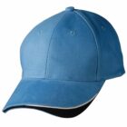 A blue baseball cap with a curved brim and black underside.