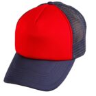 Red and navy trucker hat with mesh back and curved brim.