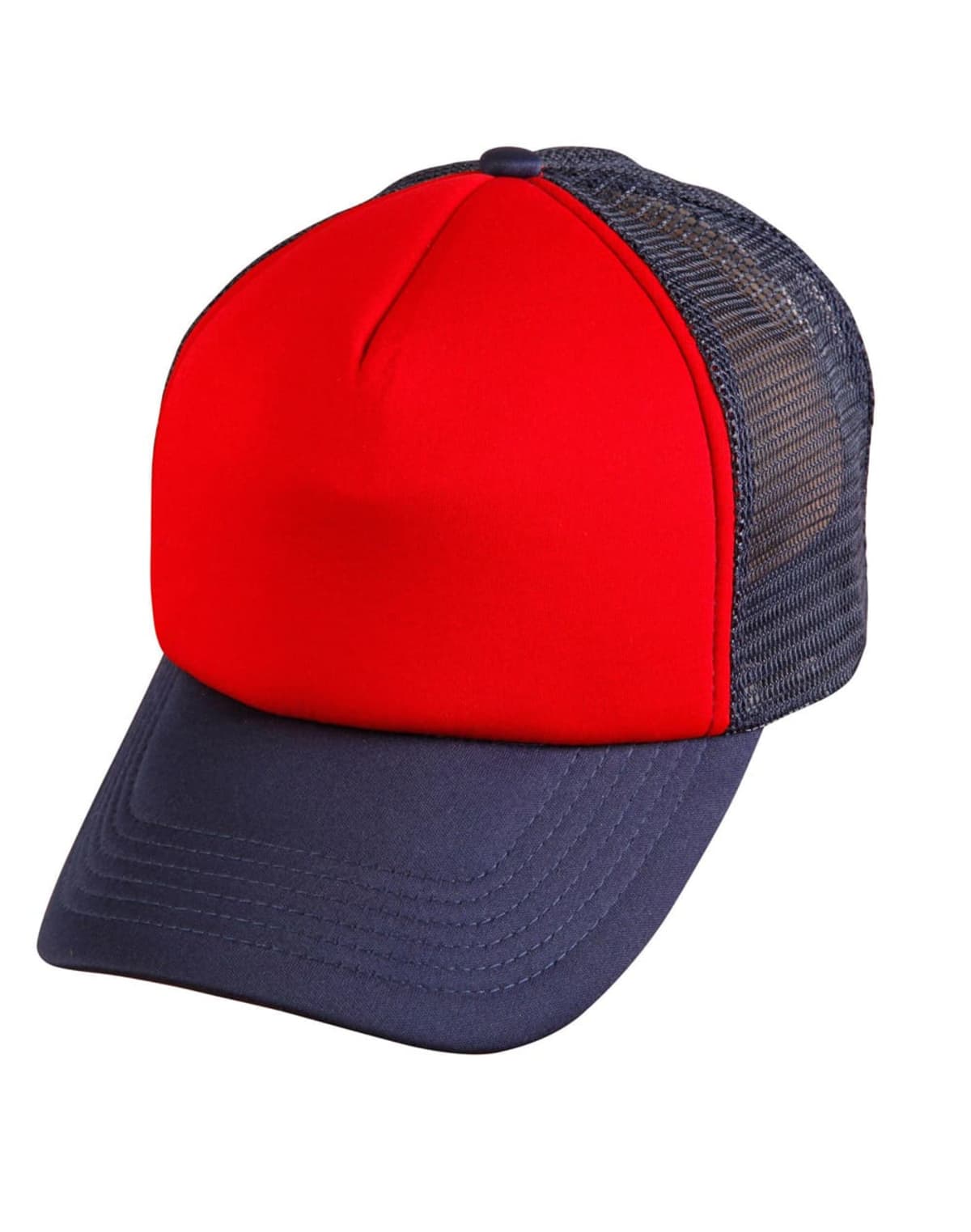 Red and navy trucker hat with mesh back and curved brim.