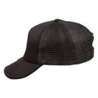Black mesh trucker cap with a curved brim, viewed from the side.
