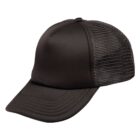 Black mesh trucker hat with a curved bill and a solid front panel.