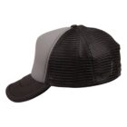 Black and gray trucker hat with mesh back panel, shown from a side angle.